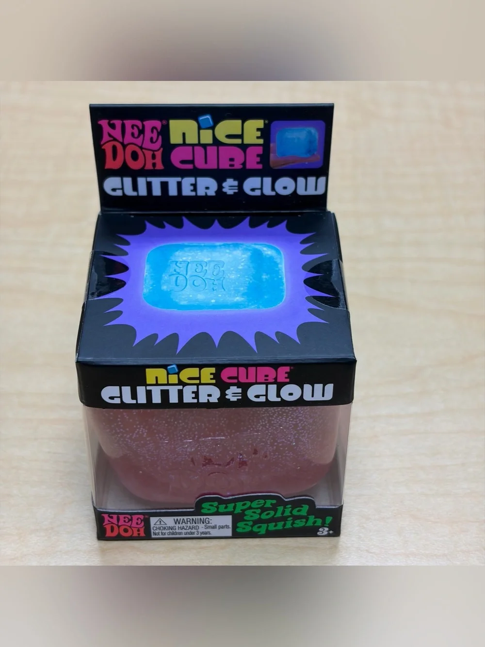 NeeDoh Nice Cube Glitter & Glow Squishy Stress Toy Pink Super Solid Squish New